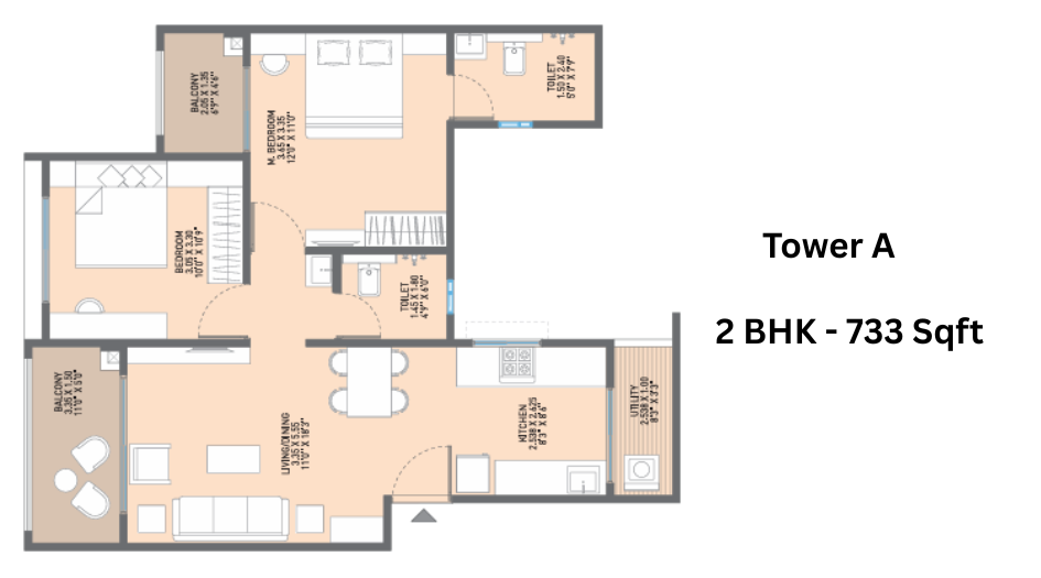 JN-AA-Privilege-Floor-Plan- Tower- A- 2 BHK - 733 Sqft